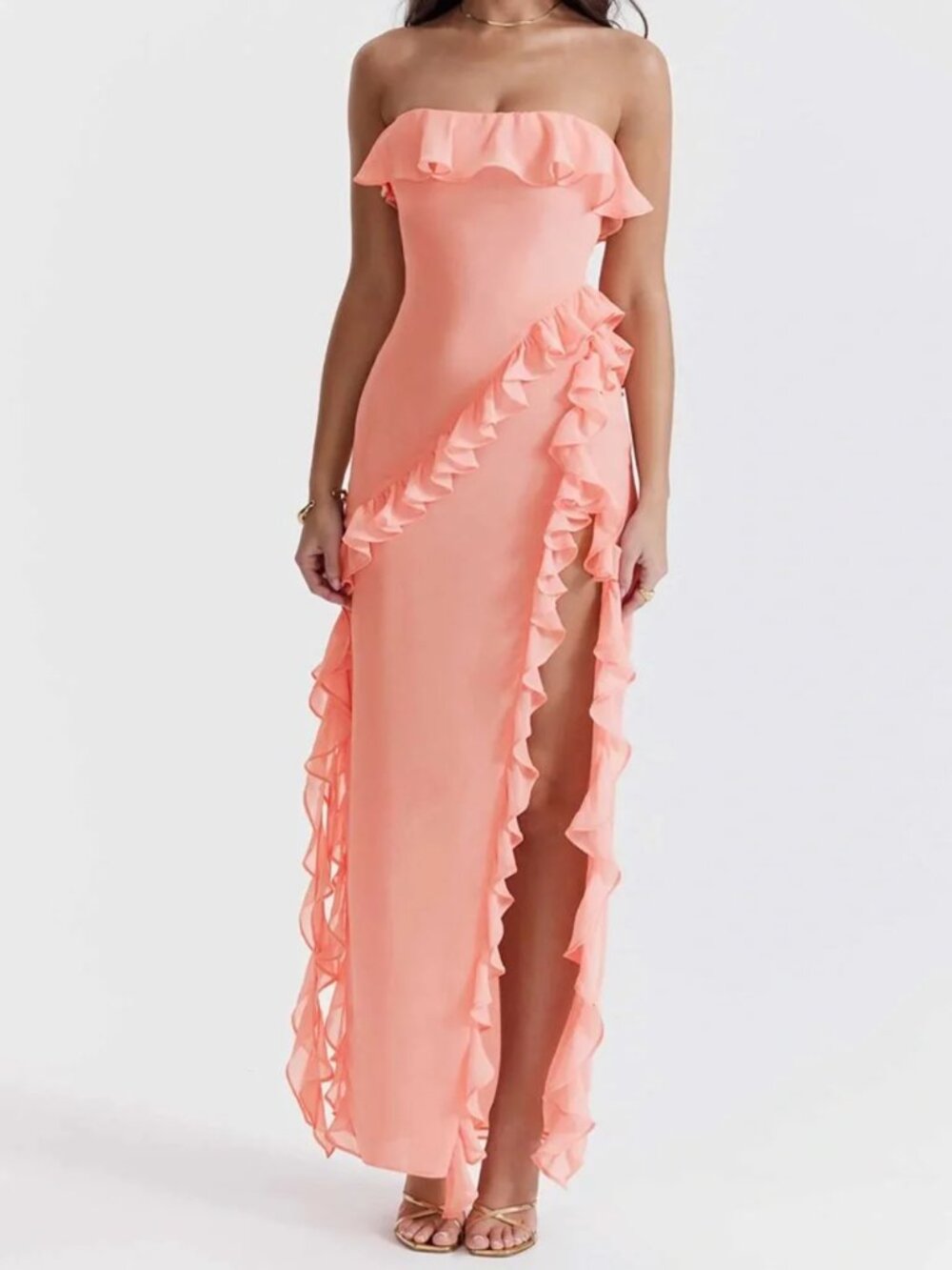 NWT House of CB Sarina Ruffle Gown in Bright Peach XS